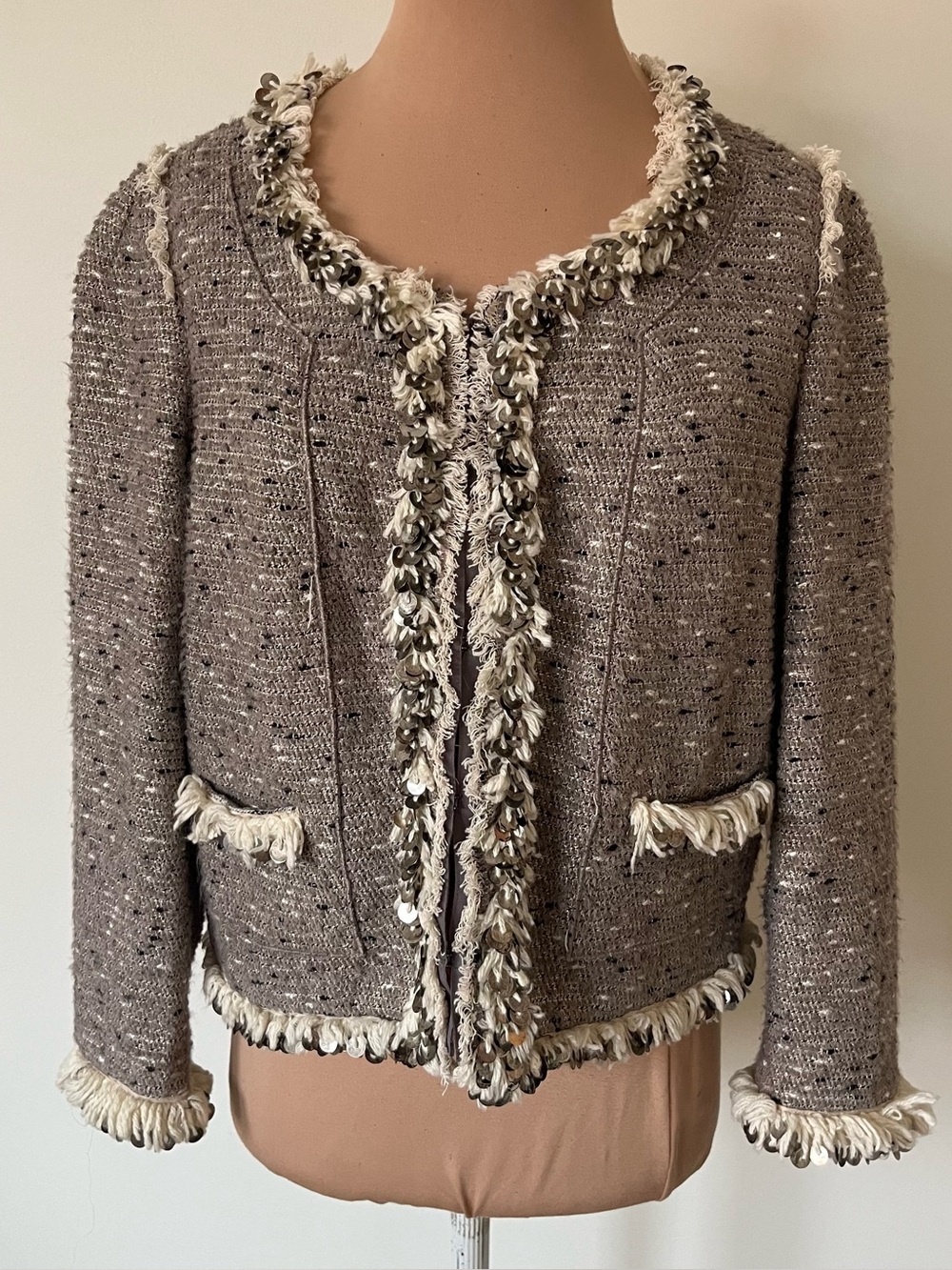 Rebecca Taylor Tweed Boucle Sequin Trim Beige Neutral Blazer Jacket EUC Size 8